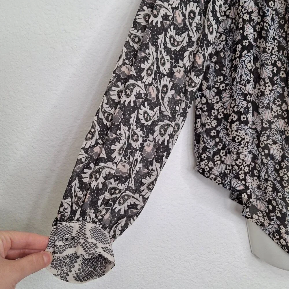 Free People Floral Blouse Animal Print Sheer Sz S Flowy Relaxed Fit Boho Preppy